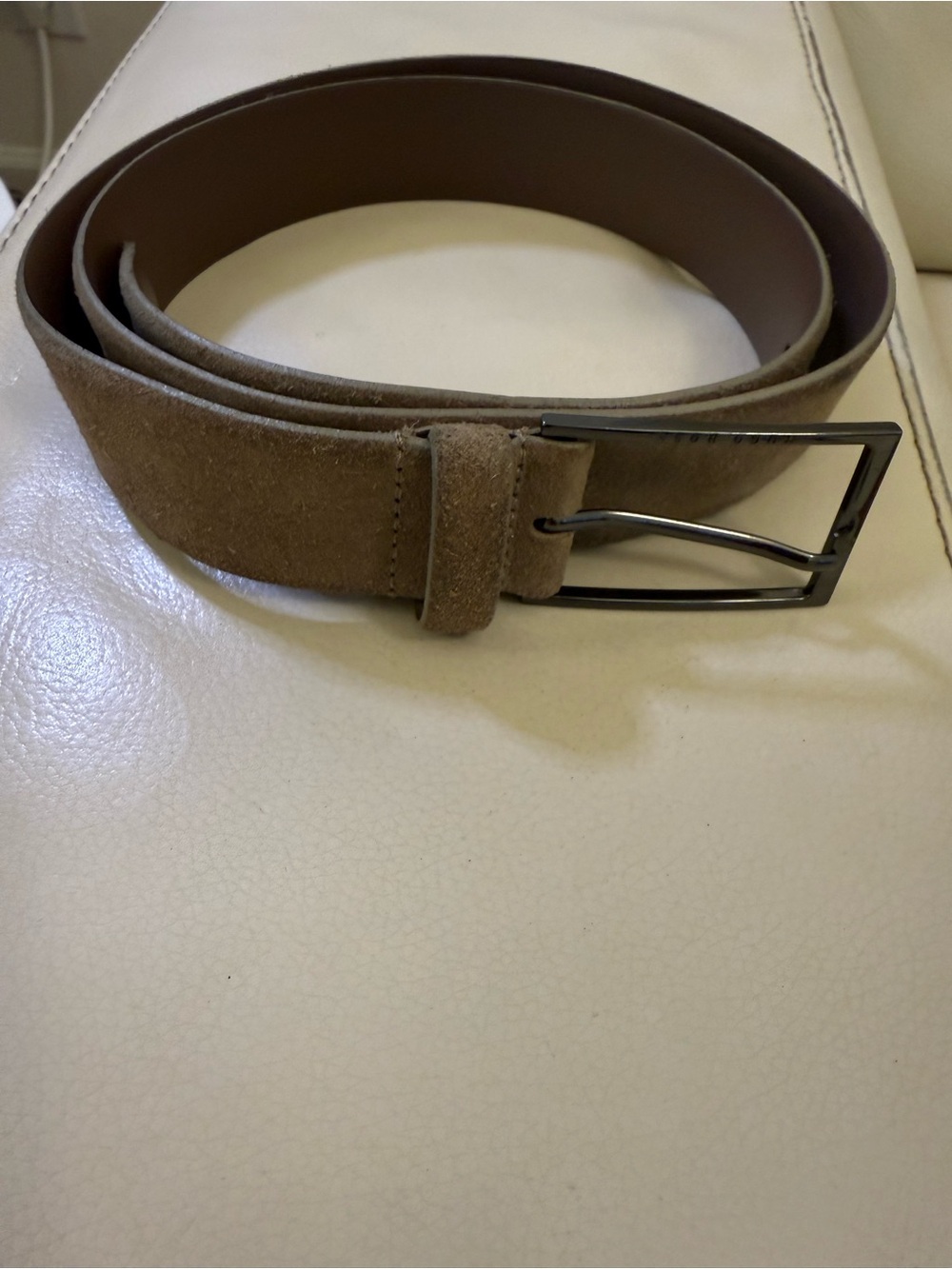 Hugo Boss Men's Suede Belt in Taupe Brown with Brushed Buckle